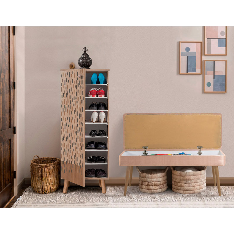 Modern Hallway Furniture Set with Shoe Cabinet & Bench, Sonomo & Stone Colors | 100% Melamine Coated Particle Board, Shoe Cabinet: 19.7 x 53.1 x 15.0 in, Bench: 41.3 x 19.7 x 15.7 in | Stylish Velvet Fabric, Scandinavian Design, Wooden Legs