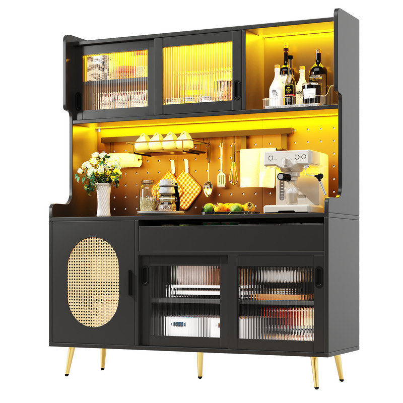 Brown/Black Kitchen Sideboard with 5 Doors & LED Lights, Fluted Glass & Pegboard Design, Storage Cabinet, Buffet for Kitchen/Living Room