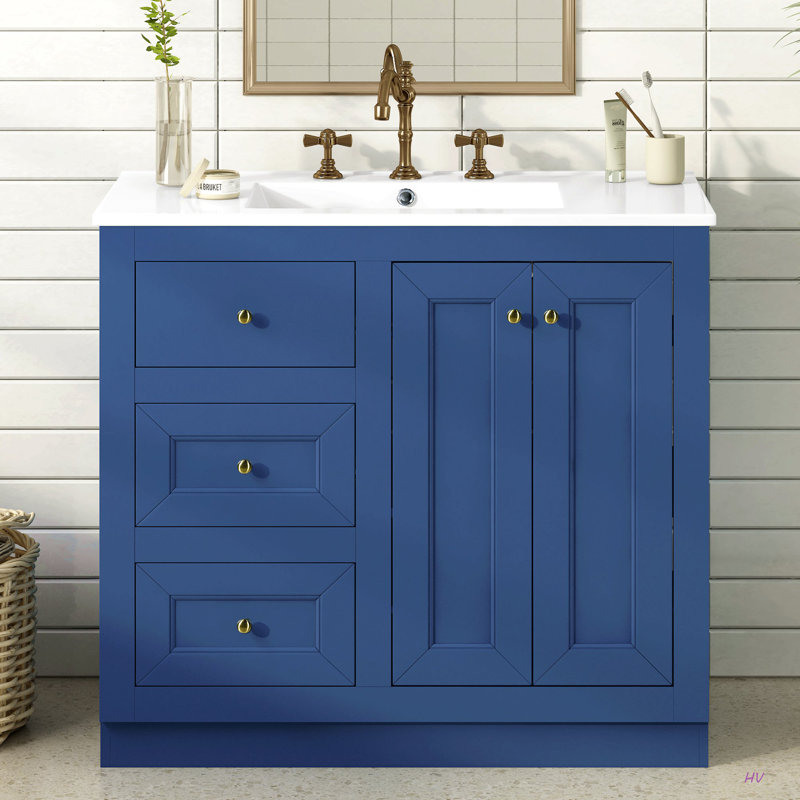 Meuble-lavabo sur pied 36 po avec lavabo en céramique, armoire de rangement avec 2 tiroirs et tablette en bois massif et panneau de fibres à densité moyenne