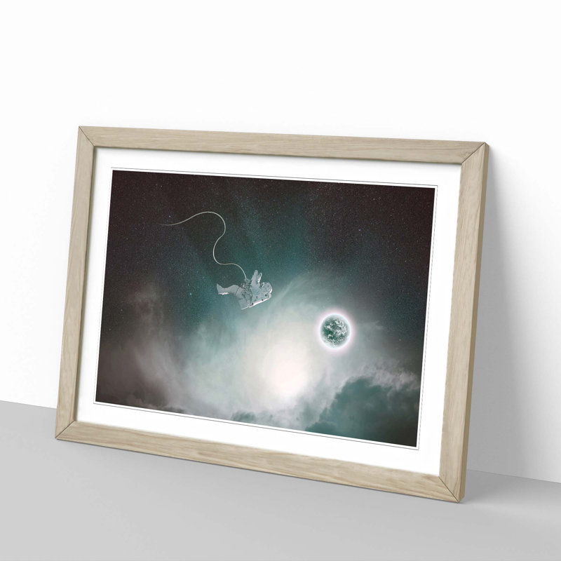 Lone Astronaut in Outer Space in Abstract - Picture Frame Graphic Art Print, Oak, 35cm H x 50cm W x 2cm D
