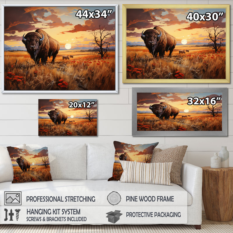 Native American Art Bison Prairies I Framed On Canvas Print, Toile tendue, H 34 po x l 44 po x P 1,5 po