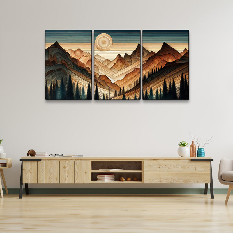Abstrait grain de bois style bohème forêt de montagne 3 pièces, H 40 po x l 28 po x P 4,5 po