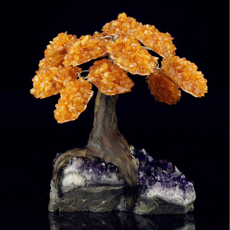 Grand arbre de pierres précieuses citrine véritable sur base de cristal améthyste - décor spirituel