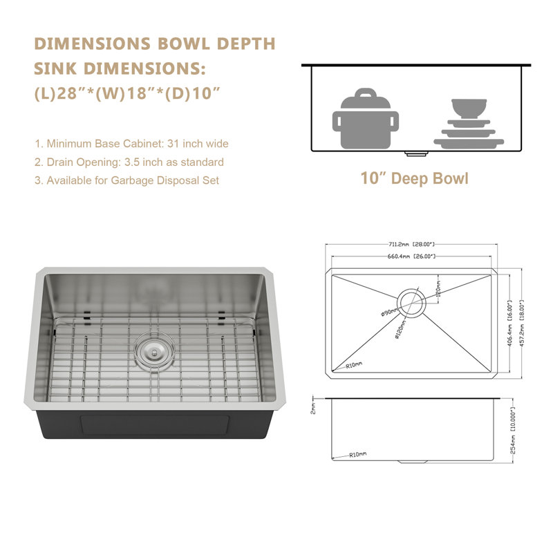 28"L X 18"W Undermount Stainless Steel Kitchen Sink with Bottom Grid, Strainer and Roll-up Rack, Brushed Nickel