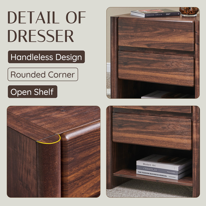 Bolanos 25" Tall Modern Nightstand with Charging Station, Wood Bedside Table w/2 Storage Drawers & Open Shelf, Rounded Corner Design for Bedroom