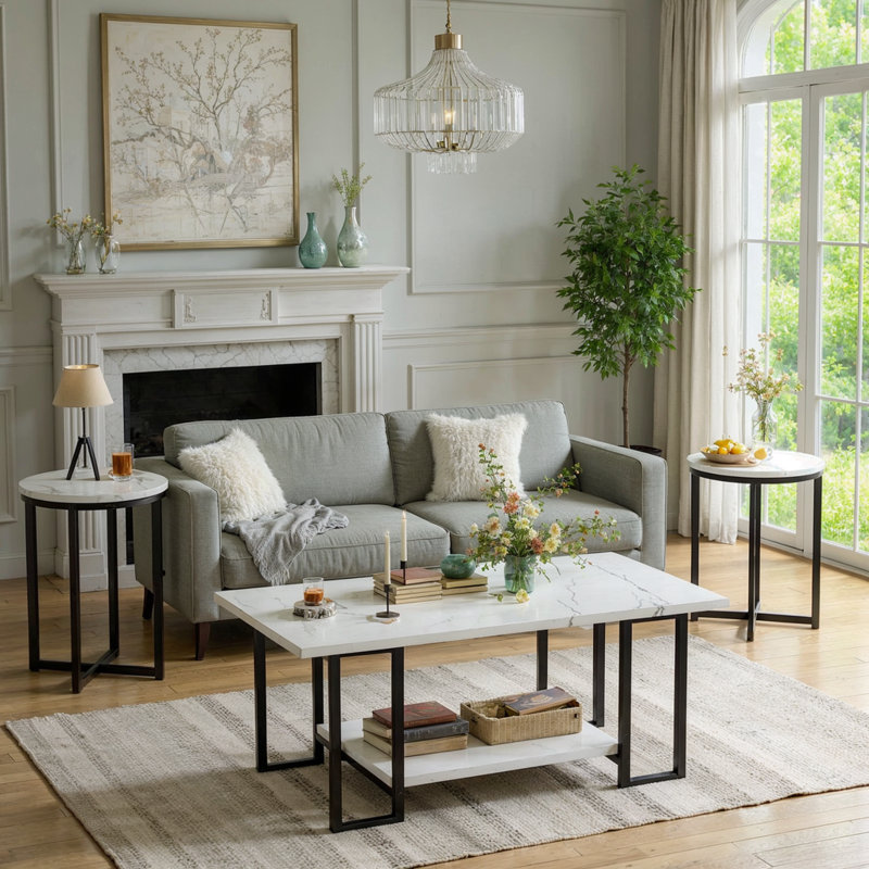 Ensemble de 3 tables basses rectangulaires à 2 niveaux avec 2 tables d'appoint rondes et 3 pièces pour salon moderne avec structure en métal