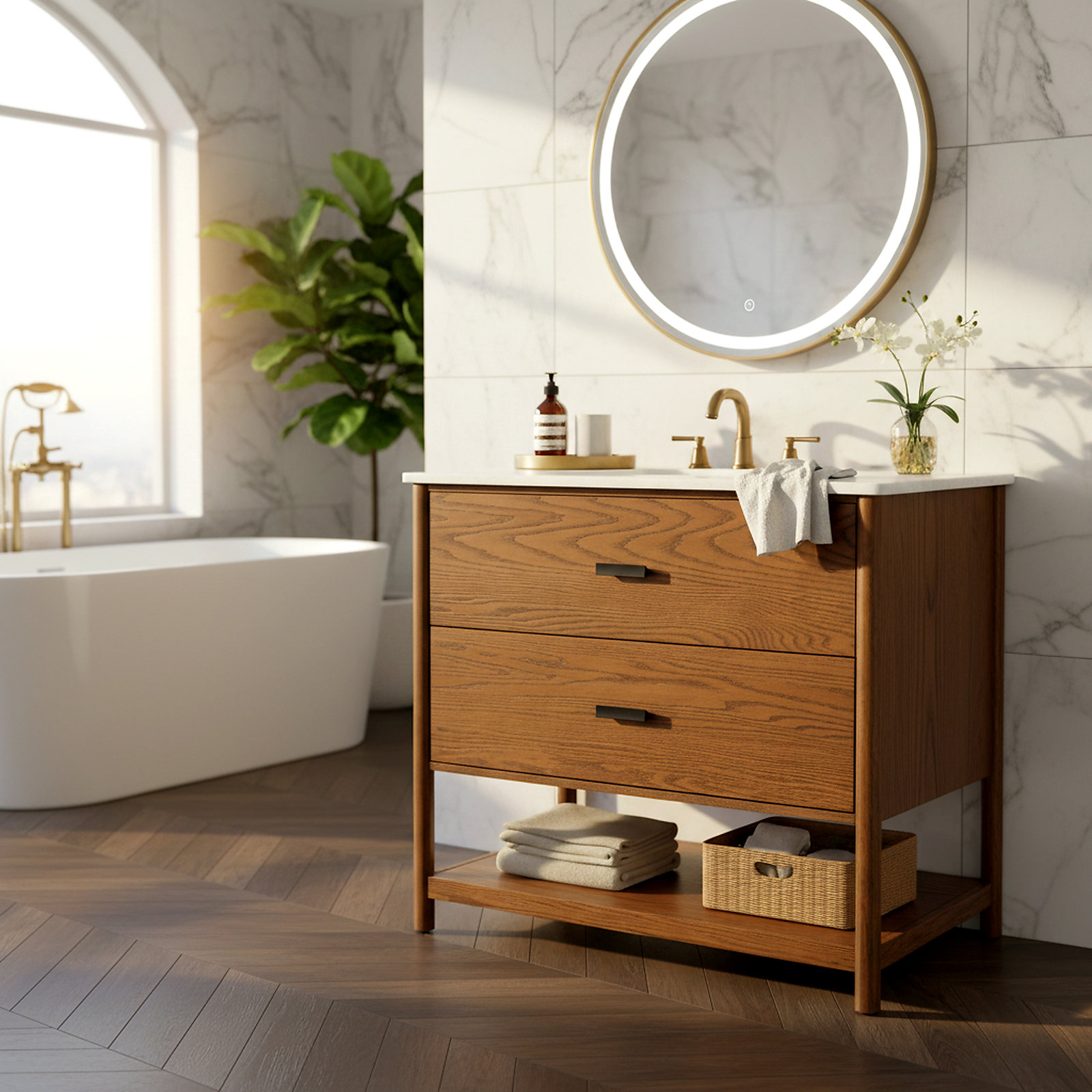 Kaplan 36" Genuine Marble Single Bathroom Vanity, Medium Oak