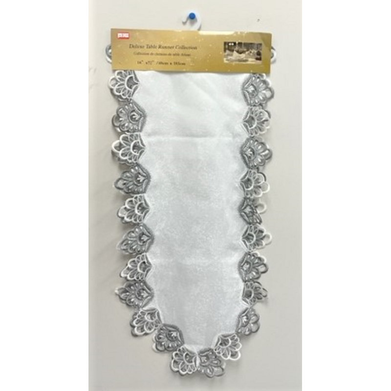 Chemin de table rectangulaire en polyester, Blanc / gris