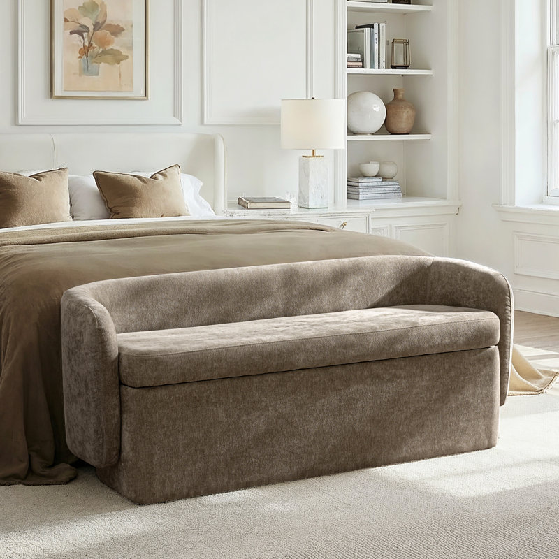 Heidi 61"W Modern Chenille No Assembly Filp-Top Storage Bench with Backrest Seat, Sand