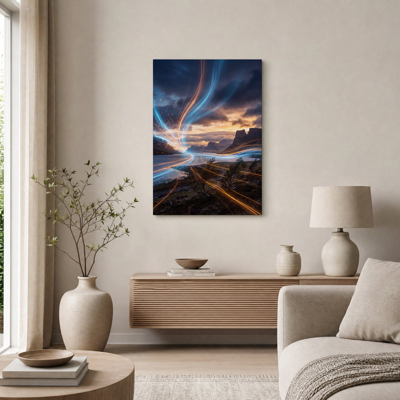 "Blue and Orange Light Trails Over Mountain Lake", art mural, H 30 po x l 20 po