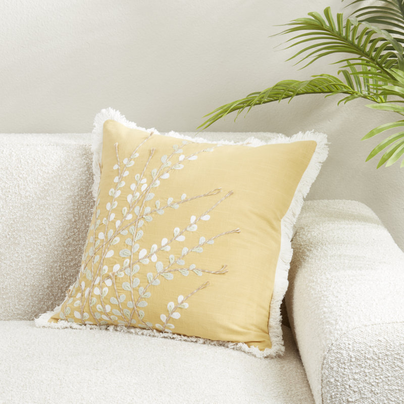 Elegant Embroidered Floral Down Filled Pillow, Yellow, Duck Down
