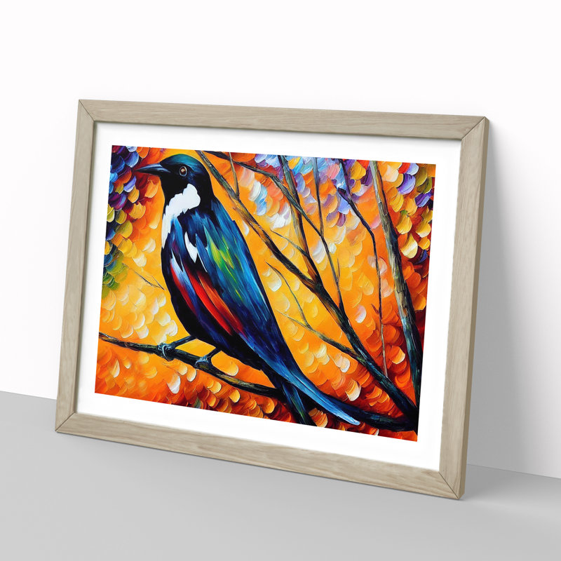 Magpie Bird Vol.5 Abstract - Single Picture Frame Painting, 25cm H x 34cm W x 2cm D, Oak