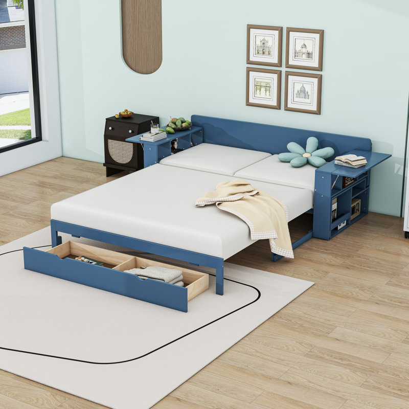 Multifunctional Daybed with Drawers and Desk,Shelves, Blue, Queen