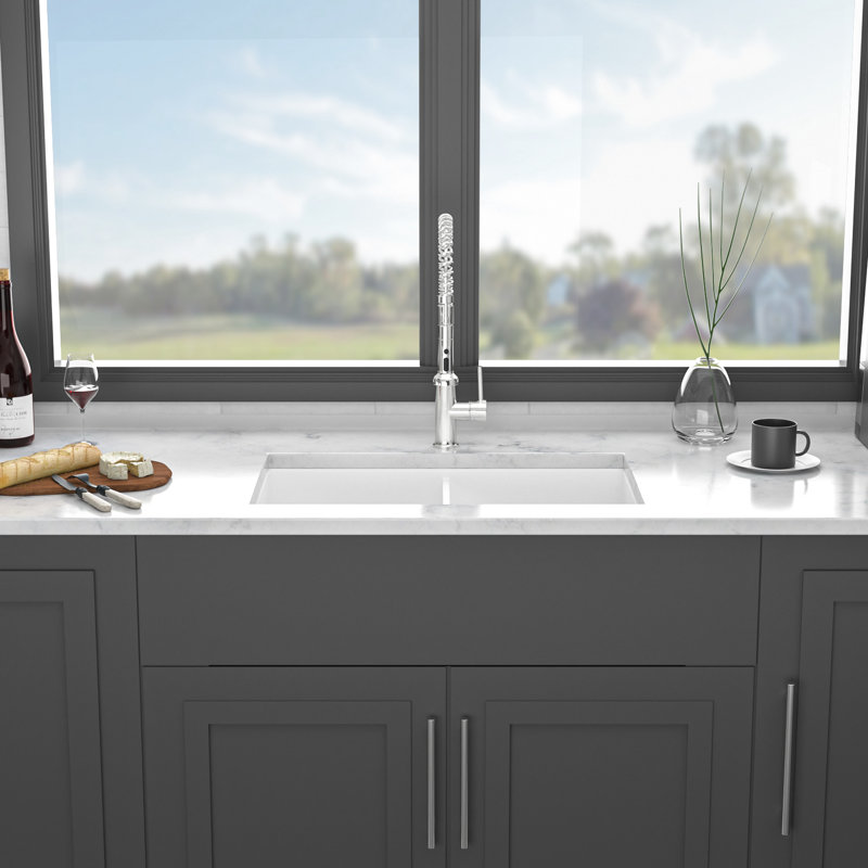 Double Bowl Ceramic Kitchen Sink 32" - White Rectangular Basin For Easy Clean-Up Undermount Hygienic Work