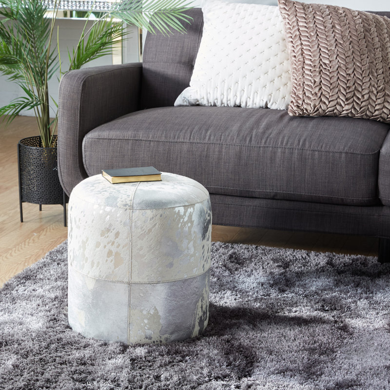 Tabouret de salon en cuir de vache Alîna, Cuir véritable argent / blanc