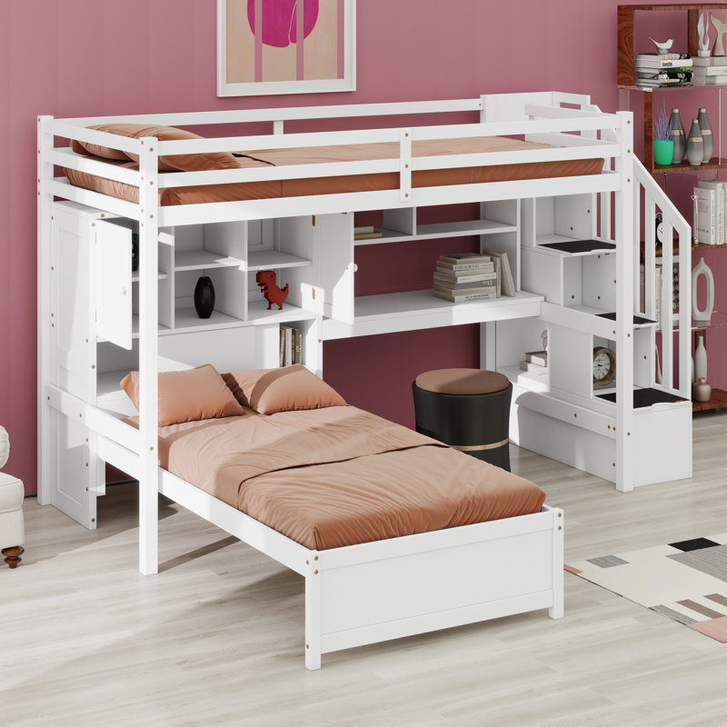 Lit mezzanine en bois massif avec bureau intégré, escalier, compartiments de rangement, Blanc
