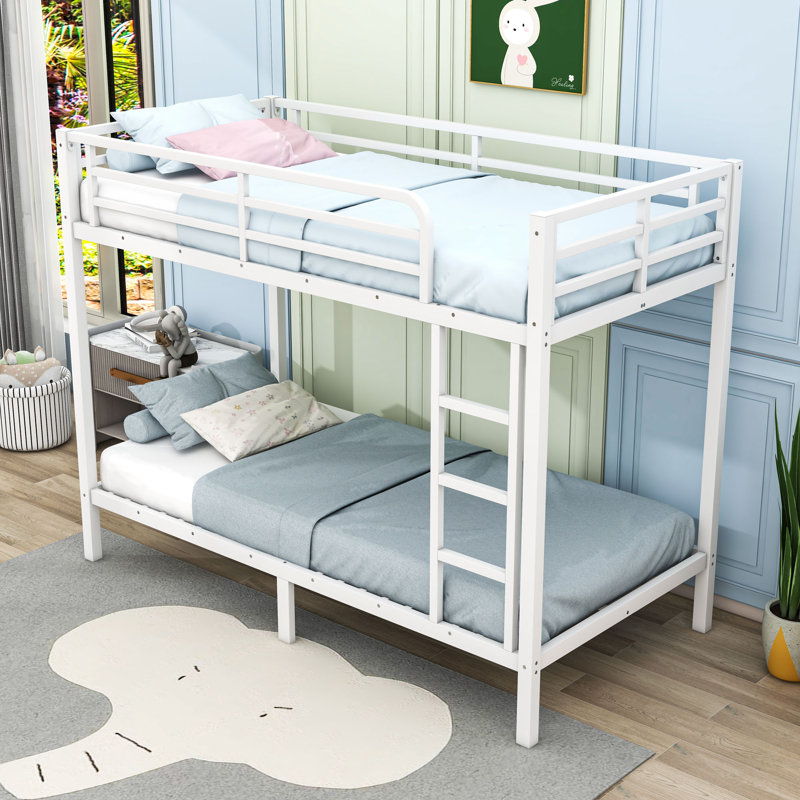 Twin XL Over Twin XL Metal Bunk Bed With Ladder And Guardrails, White