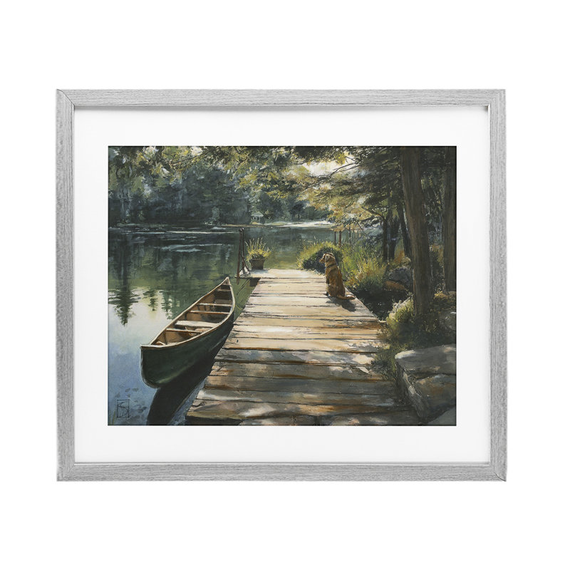 «Lake Life Dog on Dock», reproduction sous verre, conception de Sara Culpepper, H 13 po x l 16 po, Cadre de ferme gris