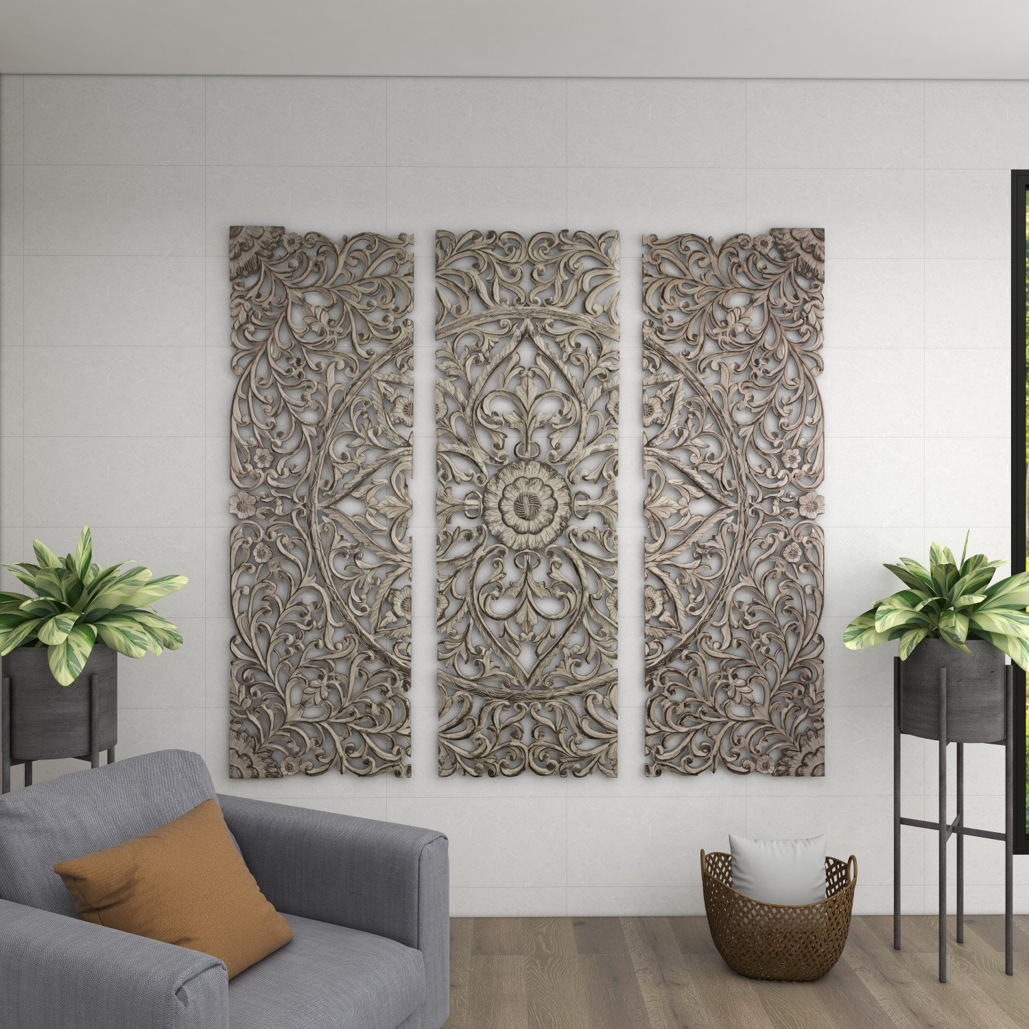https://assets.wfcdn.com/im/02695639/compr-r85/2414/241464626/gray-wood-handmade-intricately-carved-floral-wall-decor-with-mandala-design-3-pieces.jpg