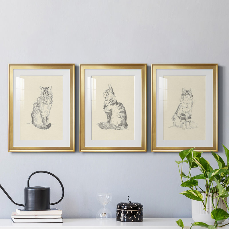 House Cat I - ensemble de 3 reproductions de dessins encadrés, Cadre doré, H 36,5 po x l 79,5 po x P 1 po
