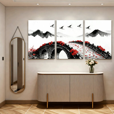 Encre de Chine paysage avec pont en fleurs rouges, reproduction d'art sur toile tendue sur toile (ensemble de 3)