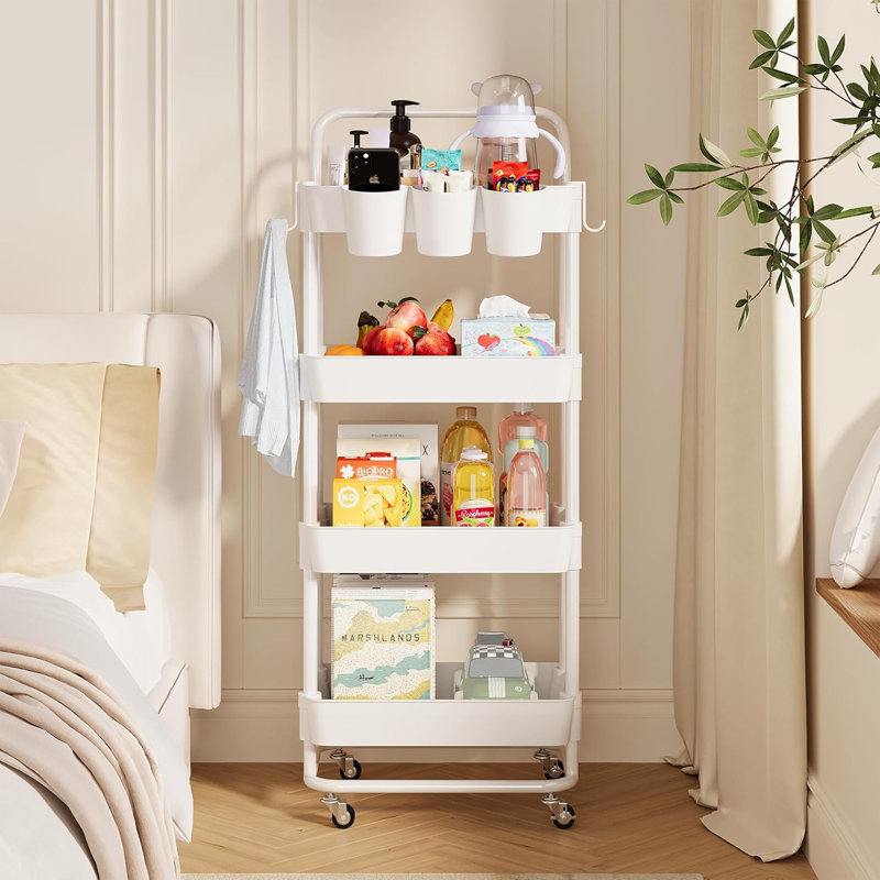 Chariot utilitaire roulant à 4 niveaux avec poignée, roulettes verrouillables, panier de suspension et crochet - Organisateur de rangement polyvalent pour le bureau, la cuisine, la salle de bain