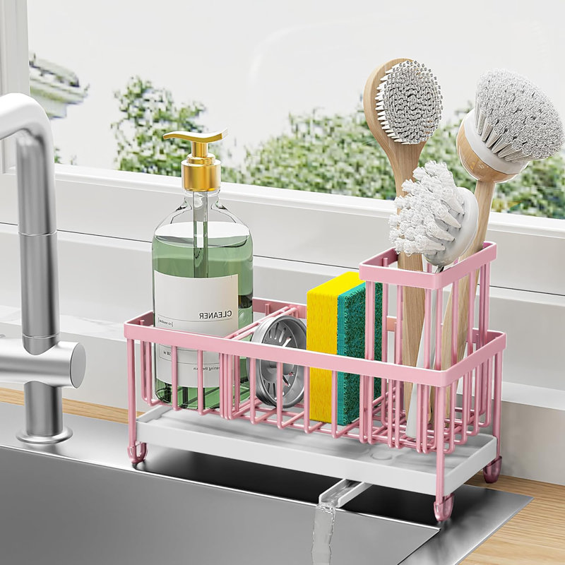 304 Sponge Holder for Kitchen Sink - Kitchen Sink Caddy with High Brush Holder & Soap Dispenser, White