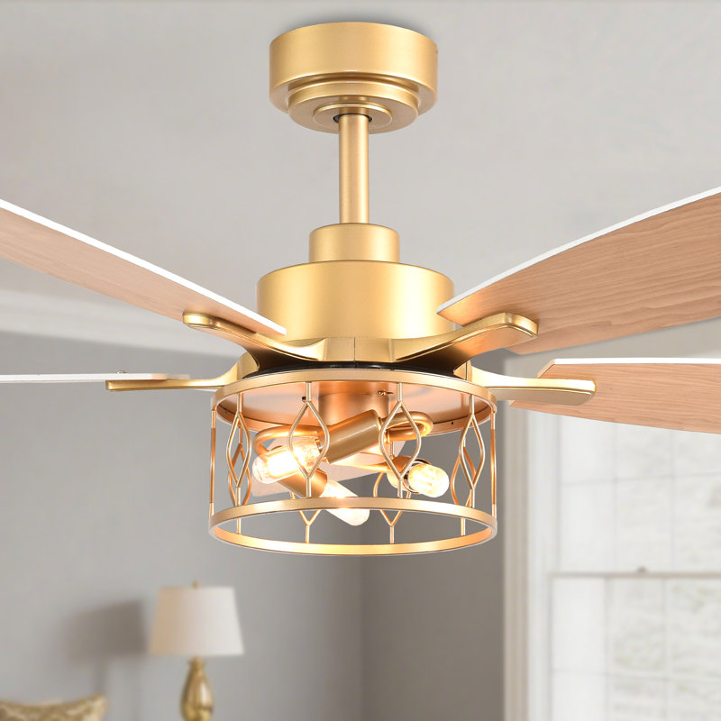 52" Modern Gold Ceiling Fan with Light Kit and Remote Control 5-blade 6-speed Reversible DC Motor for Living Room, Gold, Gold