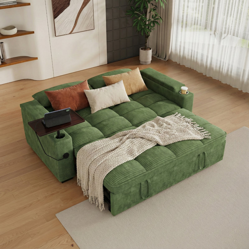 65'' Wide 3-in-1 Convertible Sleeper Sofa with Side Table, Green