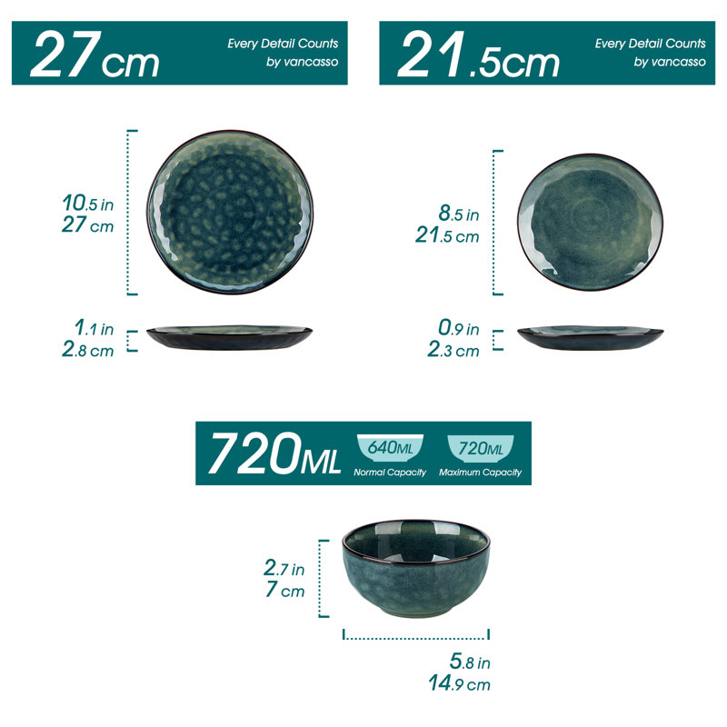 12 Pieces Dinnerware Set, Dinner Plate, Dessert Plate And Bowl Set For 4 Person, Ceramic Dinnerware, Green