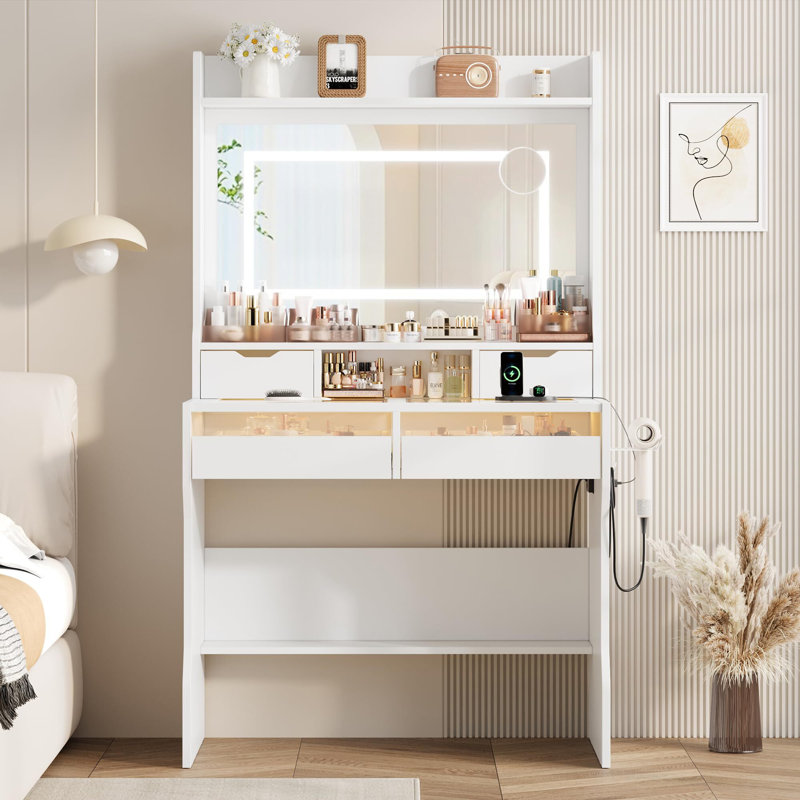 Bureau de coiffeuse avec miroir et lumières, Blanc / Blanc