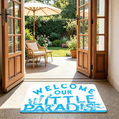 Tapis d'entrée «Welcome Our Little Paradise» sur fond blanc 24 po x 36 po Welcome