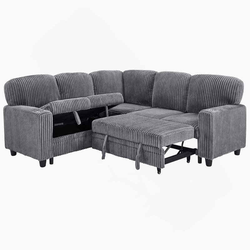 Canapé-lit modulaire en L avec lit escamotable et rangement, canapé-lit 5 places avec chargement USB, conception convertible pour salon, appartement, tissu en velours côtelé