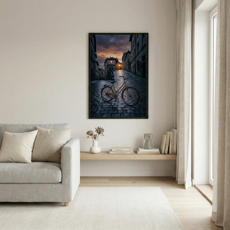 Toile noire encadrée en bois noir pour le salon, la chambre à coucher, le bureau ou le vestibule - décoration murale décorative avec rue pavée