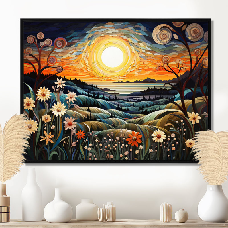 «Blooming Flower Majestic Moon Ocean Horizon», reproduction d'art abstrait paysage mural, Toile avec cadre flottant noir