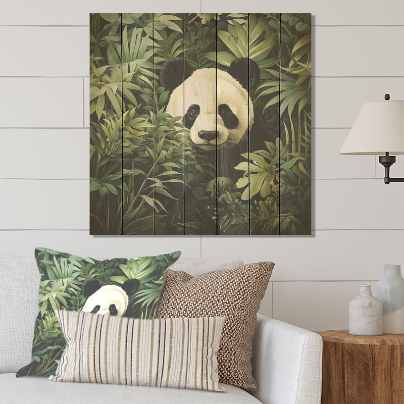 Panda caché dans un feuillage de bambou II - animal panda sur bois, H 36 po x l 36 po