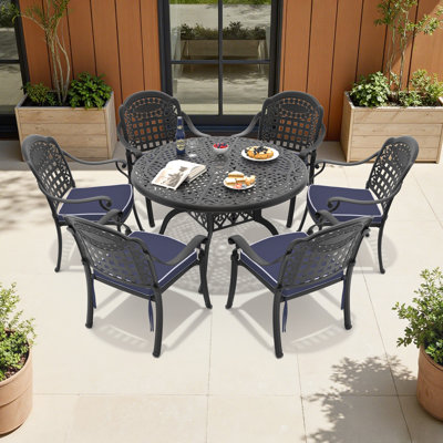 7-Piece Patio Dining Set, 48.03" Round Dining Table with Umbrella Hole & 6 Stackable Chairs with Blue Cushions