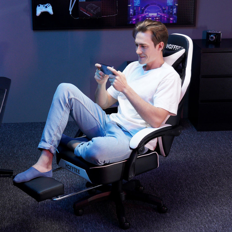Inbox Zero Adjustable Reclining Ergonomic Faux Leather PC & Racing Game Chair with Bluetooth Speakers and Vibration Lumbar Pillow