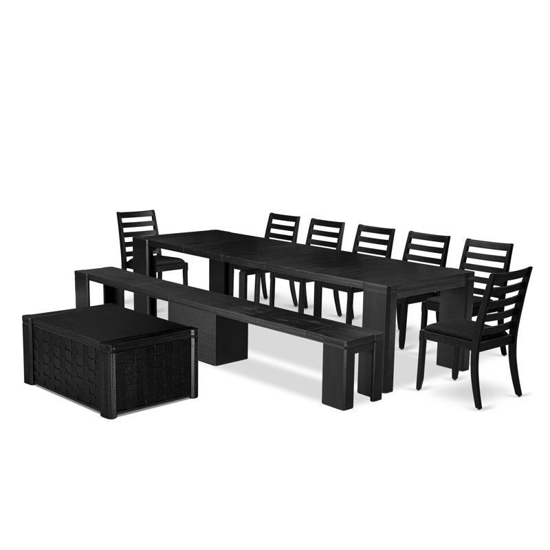 10 Pieces Extendable Dining Set Includes 1 Rectangle Xtenczar Table, 1 Coffee Table, 7 Polyester Fabric Stackable Chairs and 1 Modern Bench - (Finish Option)