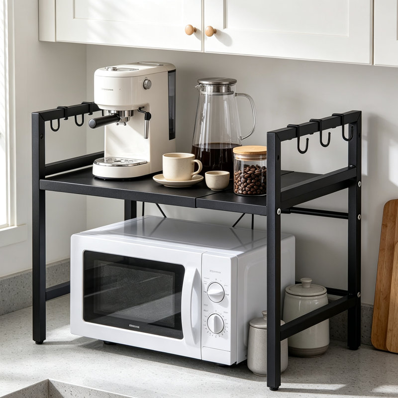 Expandable 2-Tier Microwave Rack Kitchen Countertop Organizer with Hooks