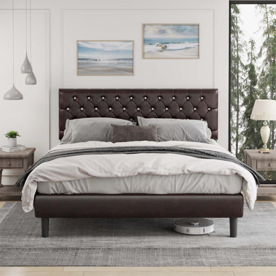 Structure de lit plateforme très grand en similicuir brun - Tête de lit capitonnée Diamond, hauteur réglable (matelas de 8 à 14 po), capacité de 900 lb, pieds de 6 po de hauteur