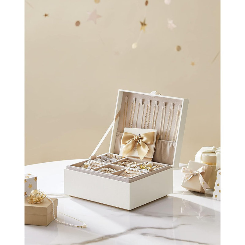 Boîte à bijoux à 2 couches, organisateur avec poignée et plateau amovible, conception flottante pour le rangement des bijoux