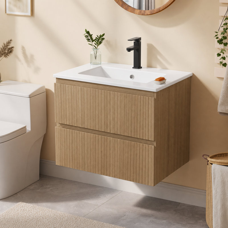 Wall-Mounted Single Bathroom Vanity with Ceramic Sink and 2 Drawers, 23.6, Oak