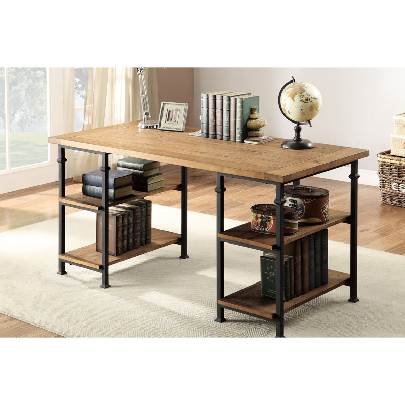 Bureau rustique en bois de peuplier, 4 tablettes ouvertes, base en métal, style industriel et industriel rétro, finition et finition