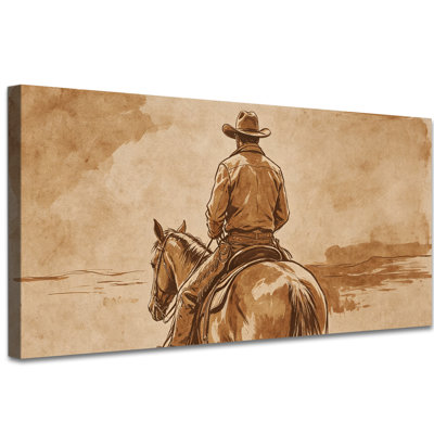 Vintage Western Cowboy Wall Art, Sepia Southwestern Farmhouse Canvas Wall Decor for Living Room Bedroom, Rustic Cowboy Riding Artwork Gallery Wrapped Ready to Hang, 24x47 Inches