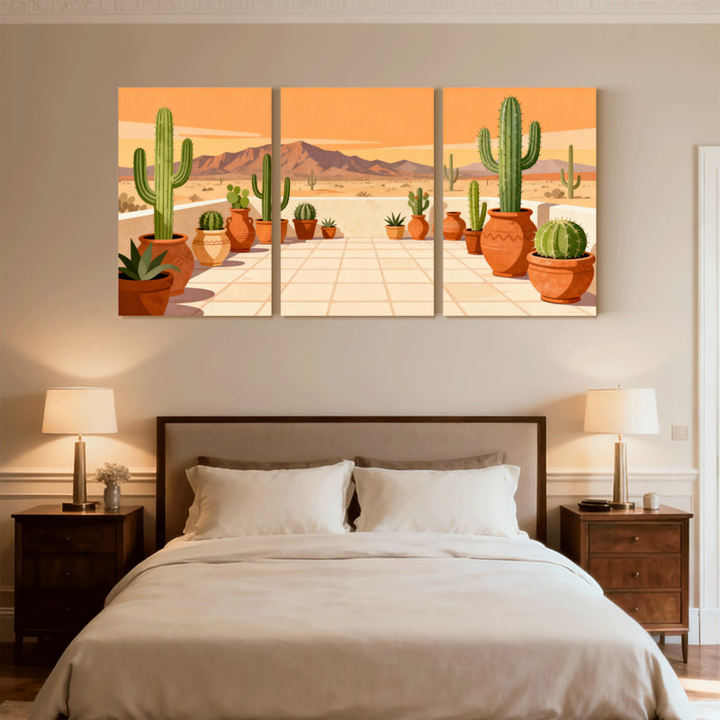 «Landscape & Nature Desert Cactus Garden Sunset Scene», ensemble de 3 impressions sur toile, H 30 po x l 60 po
