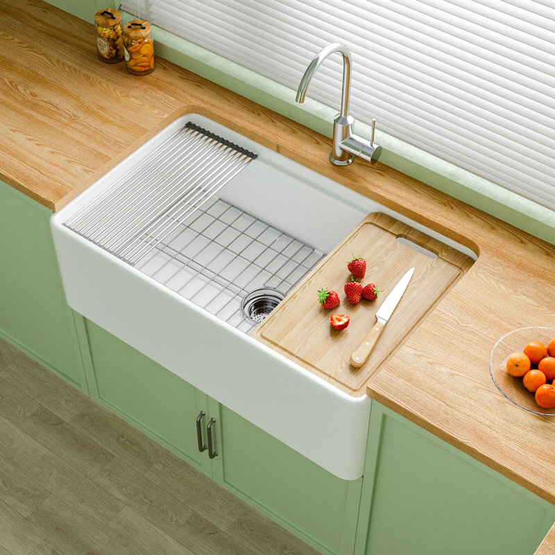 33" L x 20" W Fireclay Apron Front Farmhouse Workstation Sink for Kitchen, Single Bowl White Farm Sink, Included 4 Custom Accessories