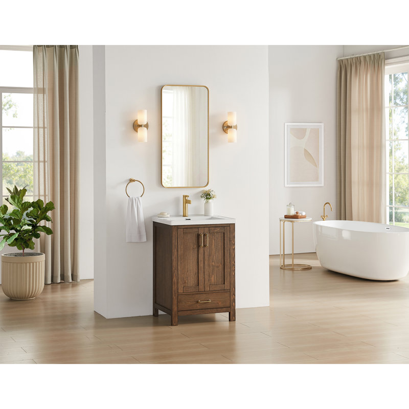 Meuble-lavabo Gela 23,6 po à lavabo simple, couleur brun vieilli épicéa, avec lavabo encastré en céramique blanche.