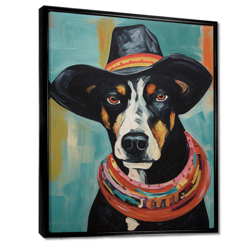 Painting Of Doberman With Black Hat - Dog Wall Art, 20" H x 12" W x 1" D, Black Framed Canvas