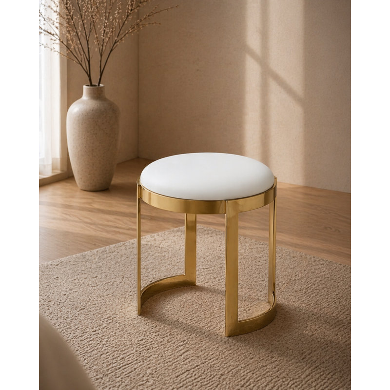 Nouri Metal Accent Stool, Gold, White Faux Leather